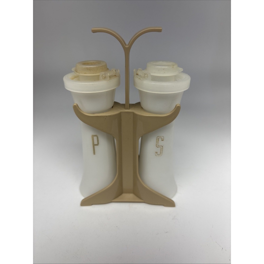 Vintage Tupperware Mini 4" Hourglass Salt & Pepper Shakers with Caddy